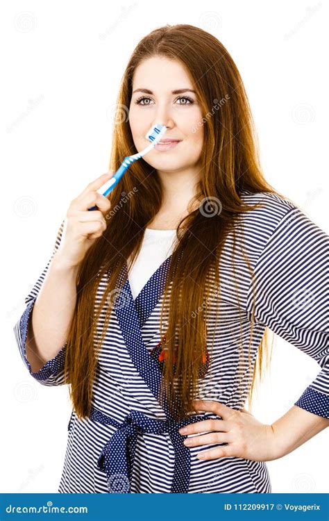 Woman Holds Toothbrush With Paste Stock Image Image Of Cleaning