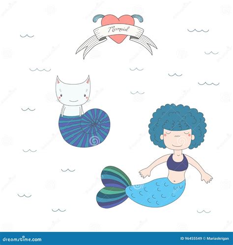 Cute Mermaids And Cats Under Water Illustration Stock Vector