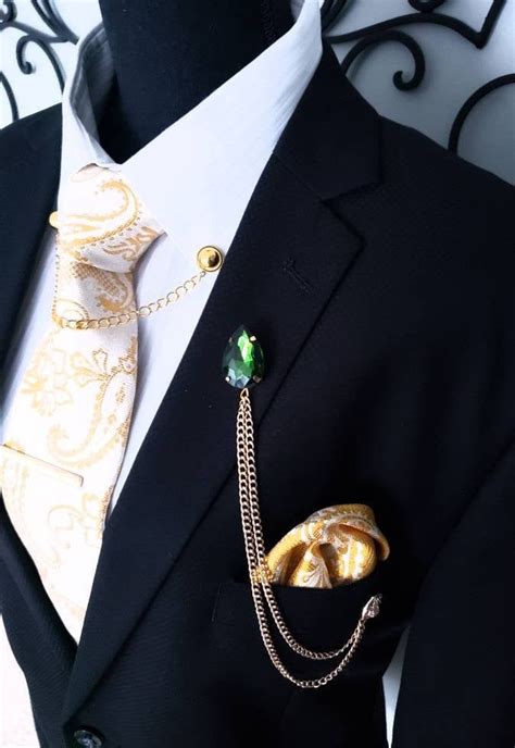 Elegant Emerald Green Crystal Lapel Pin W Lion Gold Chains Etsy