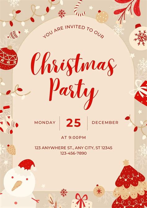 Gold And Red Cute Playful Illustrative Christmas Party Invitation Doc