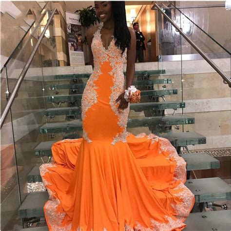 Orange Halter Long Mermaid Prom Dresses Lace Appliques Open Back Black