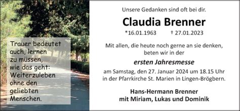 Traueranzeigen Von Claudia Brenner Noz Trauerportal
