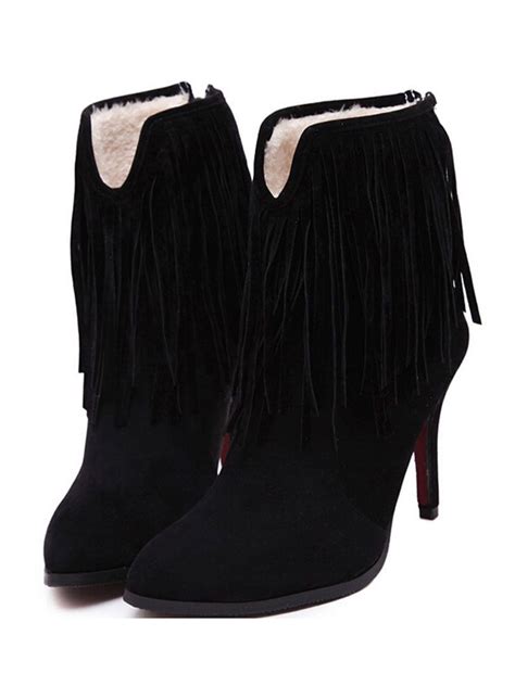 Black Suedette Fringed Heeled Ankle Boots Boots Ankle Boots Heeled