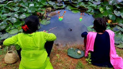 Amazing Fishing Video Lady Hook Fishing In Village Pond Mud Water