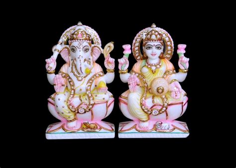 Multicolor Hindu Marble Ganesh Laxmi Statue For Worship Size 9 Inch