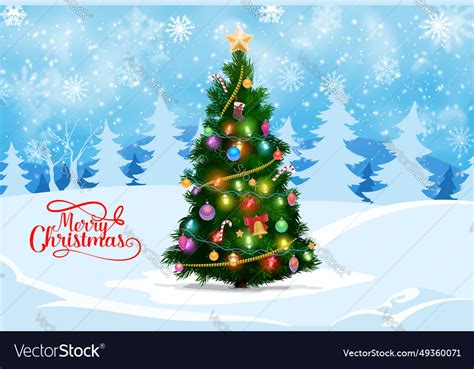 Cartoon christmas pine tree on snow poster Vector Image