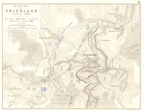 BATTLE OF FRIEDLAND. PRAVDINSK. 14th June 1807. Poland. Napoleonic Wars 1848 map