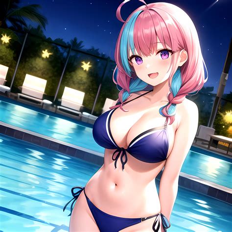 Girl Ahoge Bare Shoulders Bikini Blue Bikini Blue Hair Blush Braid