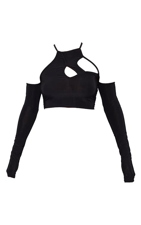 Black Asymmetric Cut Out Long Sleeve Crop Top Prettylittlething