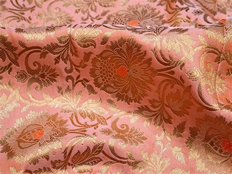 Buy Peach Brocade Fabric By The Yard Banarasi Fabric Banaras Brocade