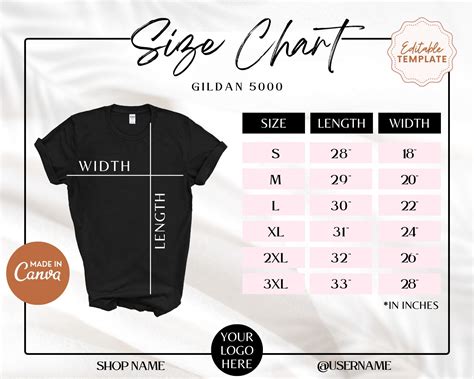 Editable Gildan Size Chart T Shirt Size Chart Women Size Chart