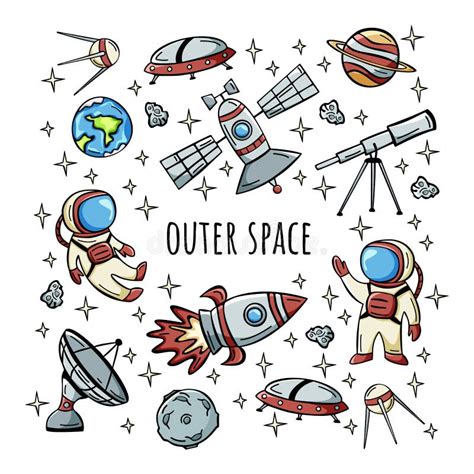 Hand Drawn Icon Set With Astronaut Satellite Rocket And Planets In