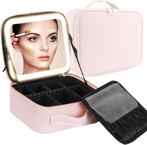 Makeup Organizer With Mirror 3 Color Light Led Lighted Makeup Case