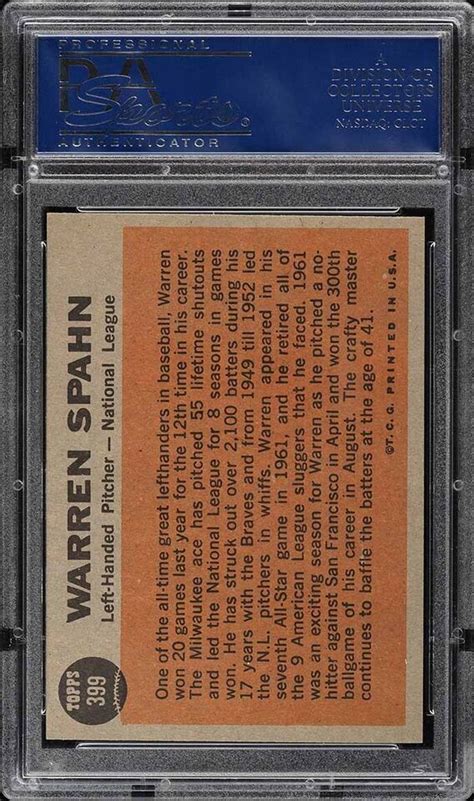 Topps Bb Card Warren Spahn Milwaukee Braves All Star Hof Psa