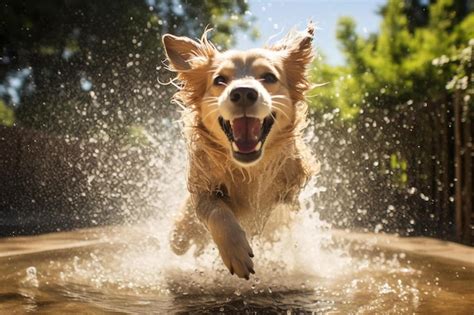 Un Perro Corriendo En El Agua Con La Lengua Afuera Foto Premium