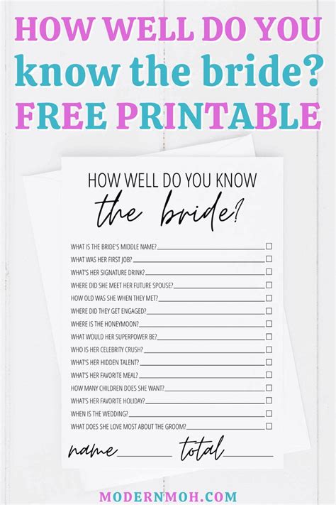 Free Printable Bridal Shower Games How Well Do You Know The Bride