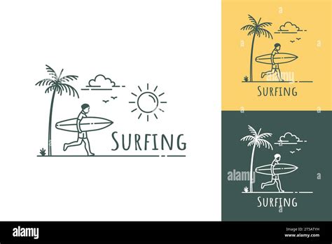 Simple Illustration Of Surfer Running With Surfboard On Tropical Beach