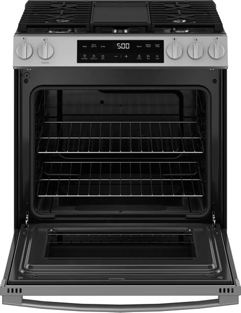 Ge 53 Cu Ft Slide In Gas Range With Steam Cleaning And Crisp Mode Stainless Steel Ggs500svss