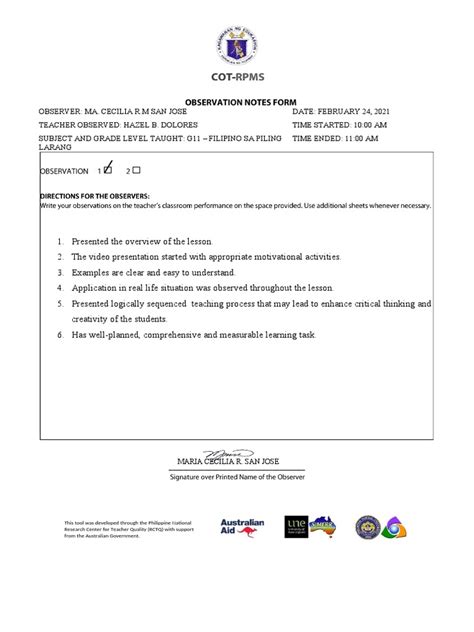 Cot Rpms Observation Notes Form Hazel Dolores Pdf