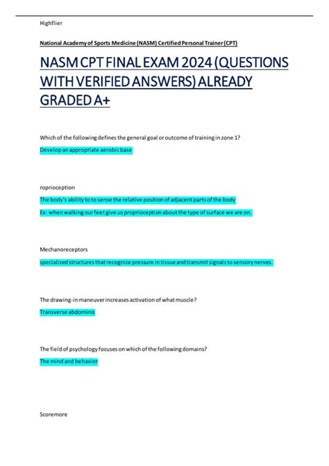 NASM CPT FINAL EXAM 2024 QUESTIONS WITH VERIFIED ANSWERS ALREADY