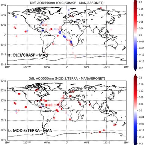 Spatial Distribution Of Differences Of AOD 550 Nm Between MODIS TERRA