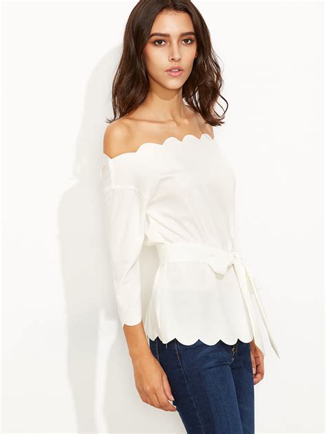 Scallop Trim Bardot Self Tie Top Shein Sheinside