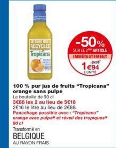 Promo 100 Pur Jus De Fruits Tropicana Orange Sans Pulpe Chez