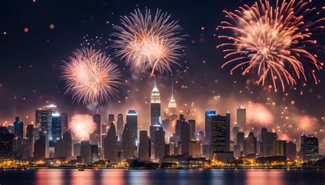 Premium Photo A Festive City Skyline With Fireworks Lighting Up The