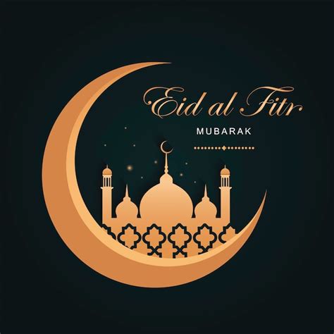 Eid Al Fitr Mubarak Em Um Fundo Verde Escuro Uma Lua Dourada E Uma