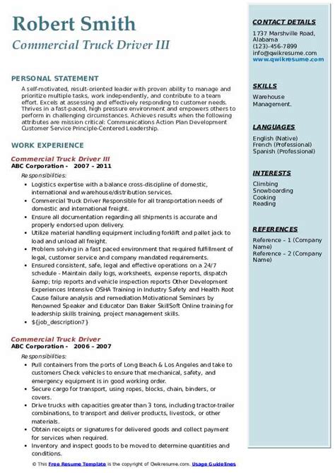 Commercial Truck Driver Resume Samples Qwikresume