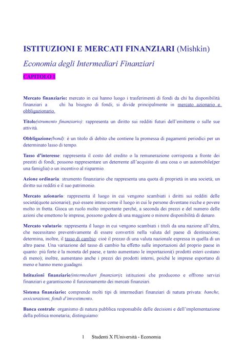 Istituzioni E Mercati Finanziari Mishkin Economia Degli Intermediari Finanziari Istituzioni