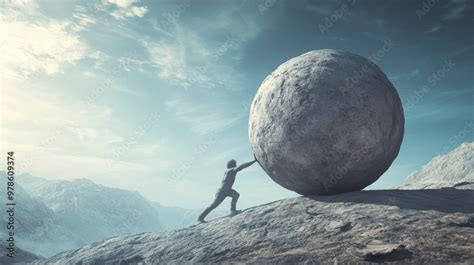 Sisyphus Symbolism: Man Pushing Concrete Boulder Uphill, Visual ...