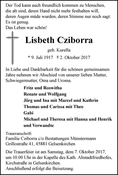 Traueranzeigen Von Lisbeth Cziborra Trauer In Nrw De