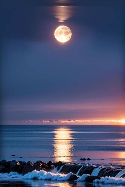 Una luna llena sobre el océano con un hombre nadando en el agua Foto