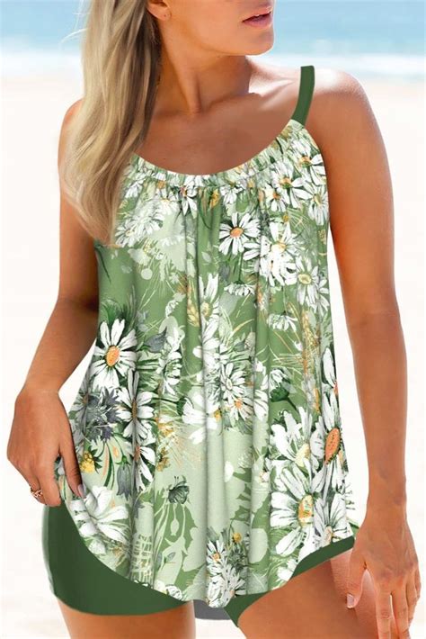 Rotita Fold Sage Green Floral Print Tankini Set Floral Print Tankini