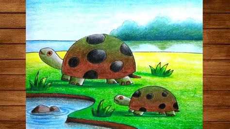 a painting of two tortoises walking in the grass near a body of water