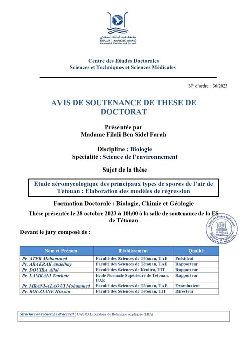 Soutenance De Doctorat En Sciences Mme Filali Ben Sidel Farah FS Tétouan