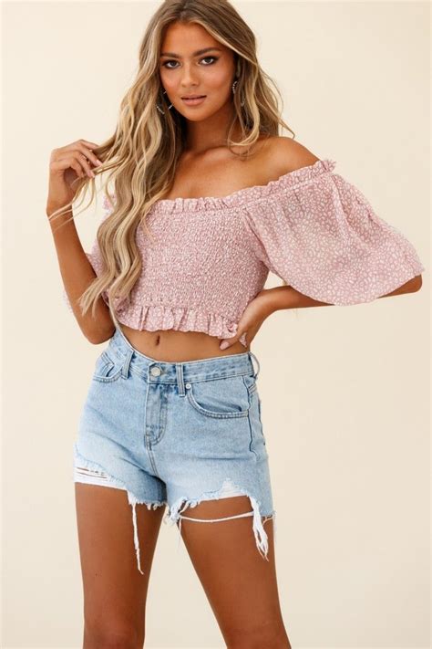 Meet Cute Shirred Bust Off Shoulder Crop Top Speckle Print Pink Off Shoulder Fashion Off