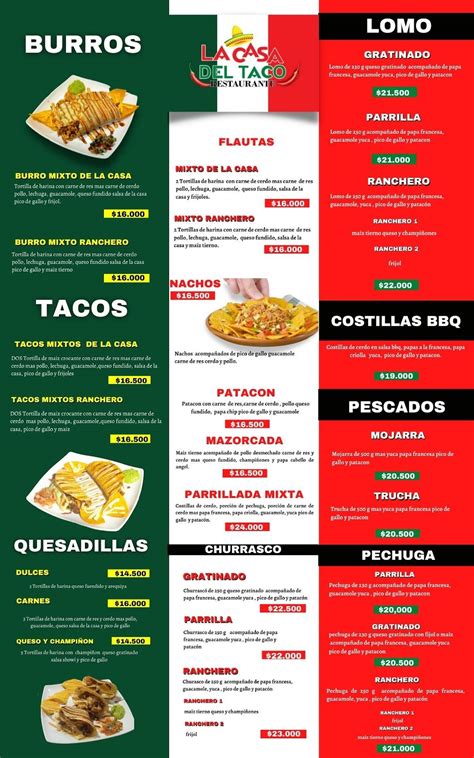 Carta Del Restaurante La Casa Del Taco Zan Chin Bogotá