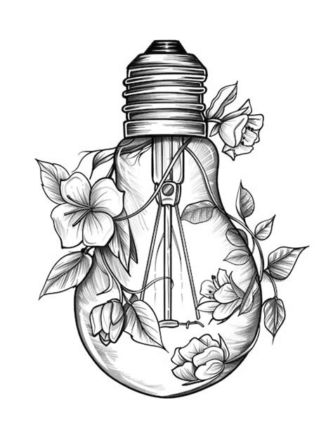 A Drawing Of A Light Bulb With Flowers And Leaves Around It Generative