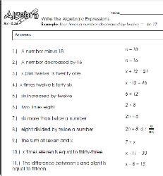 Write The Algebraic Expression Worksheet