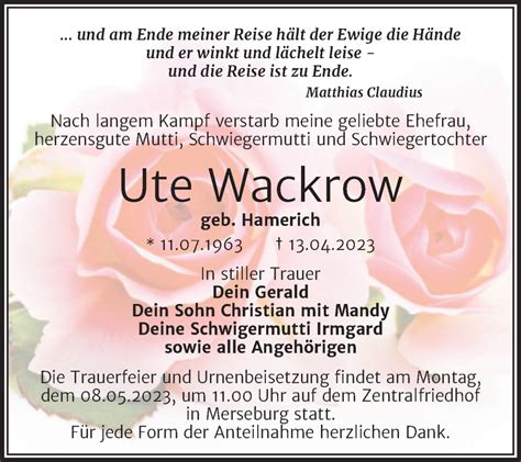 Traueranzeigen Von Ute Wackrow Abschied Nehmen De