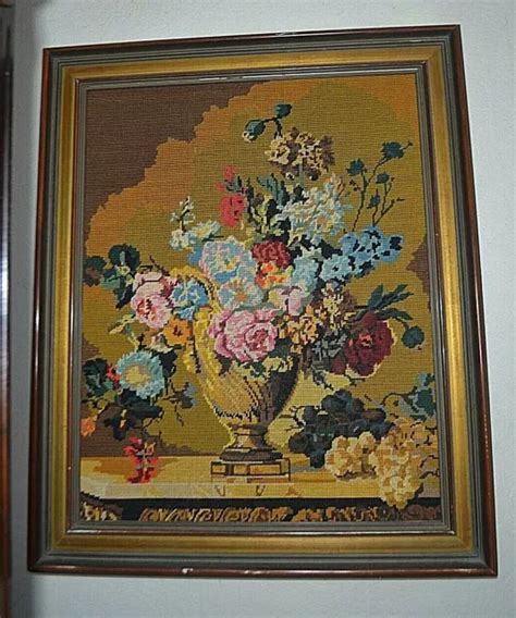 Ancien Joli Cadre Bois Canevas Tapisserie Tableau Nature Morte Pa Toile