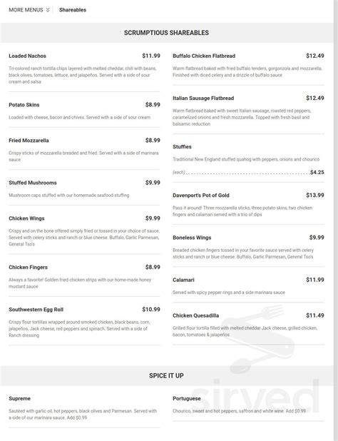 Davenport's Family Restaurant menu in Cumberland, Rhode Island, USA