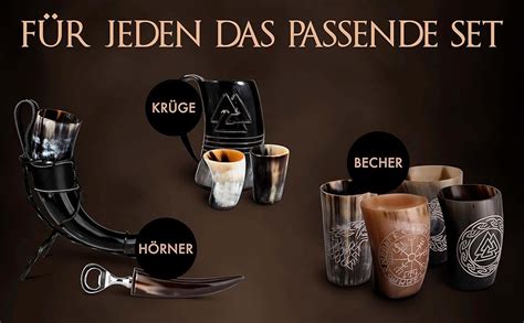 VIKING CRAFT Trinkhorn Wikinger Krug 600ml Großer Horn Krug Odin und