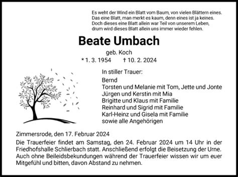 Traueranzeigen Von Beate Umbach Trauer Hna De