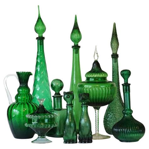 1960s Italian Empoli Mcm Green Glass Decanters Genie Bottles And Apothecary Jars For Sale At 1stdibs