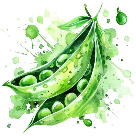 An Engaging Watercolor Of Open Pea Pods With Fresh Peas Stock