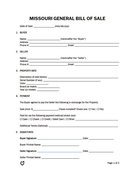 Free Missouri General Bill Of Sale Form Pdf Word Rtf