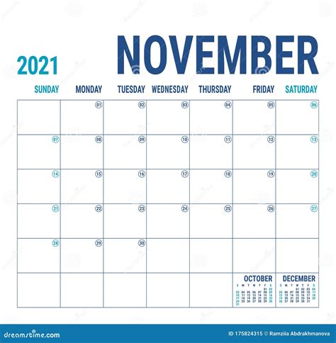 Calendar November 2021 English Calender Template Vector Square Grid